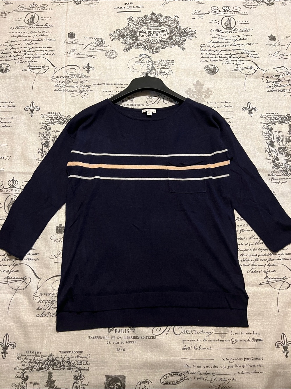 GAP Navy Crewneck Sweater with Cream & White Stripes
